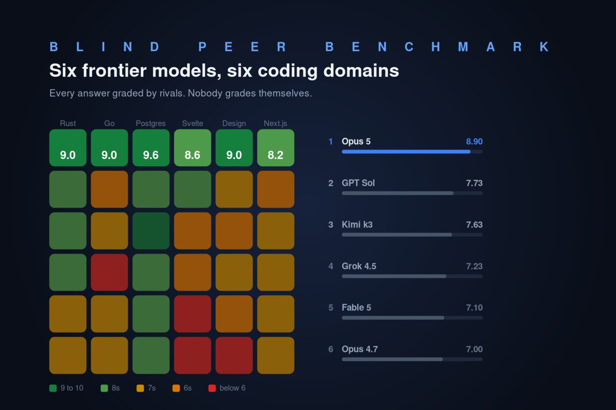 Heatmap of six AI models scored across six coding domains, with Opus 5 leading every column